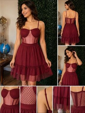 Sheer Burgundy Mesh Bustier Chemise Slip  # 46